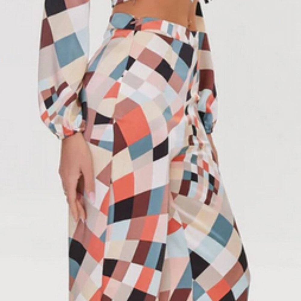 Satin Geo Print Wide-Leg Pants